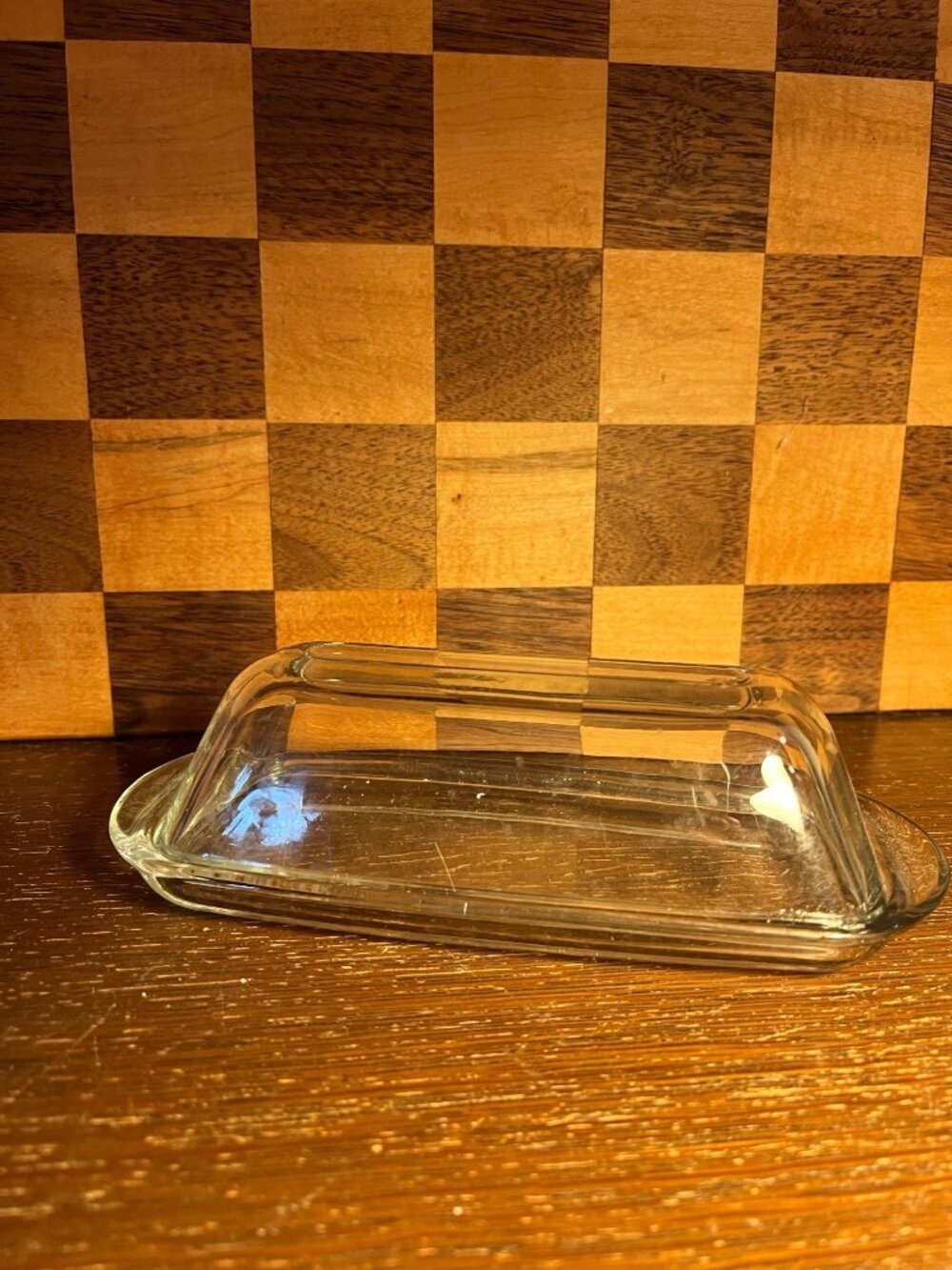 Clear Glass Butter Dish A1115, raised bump on one corner